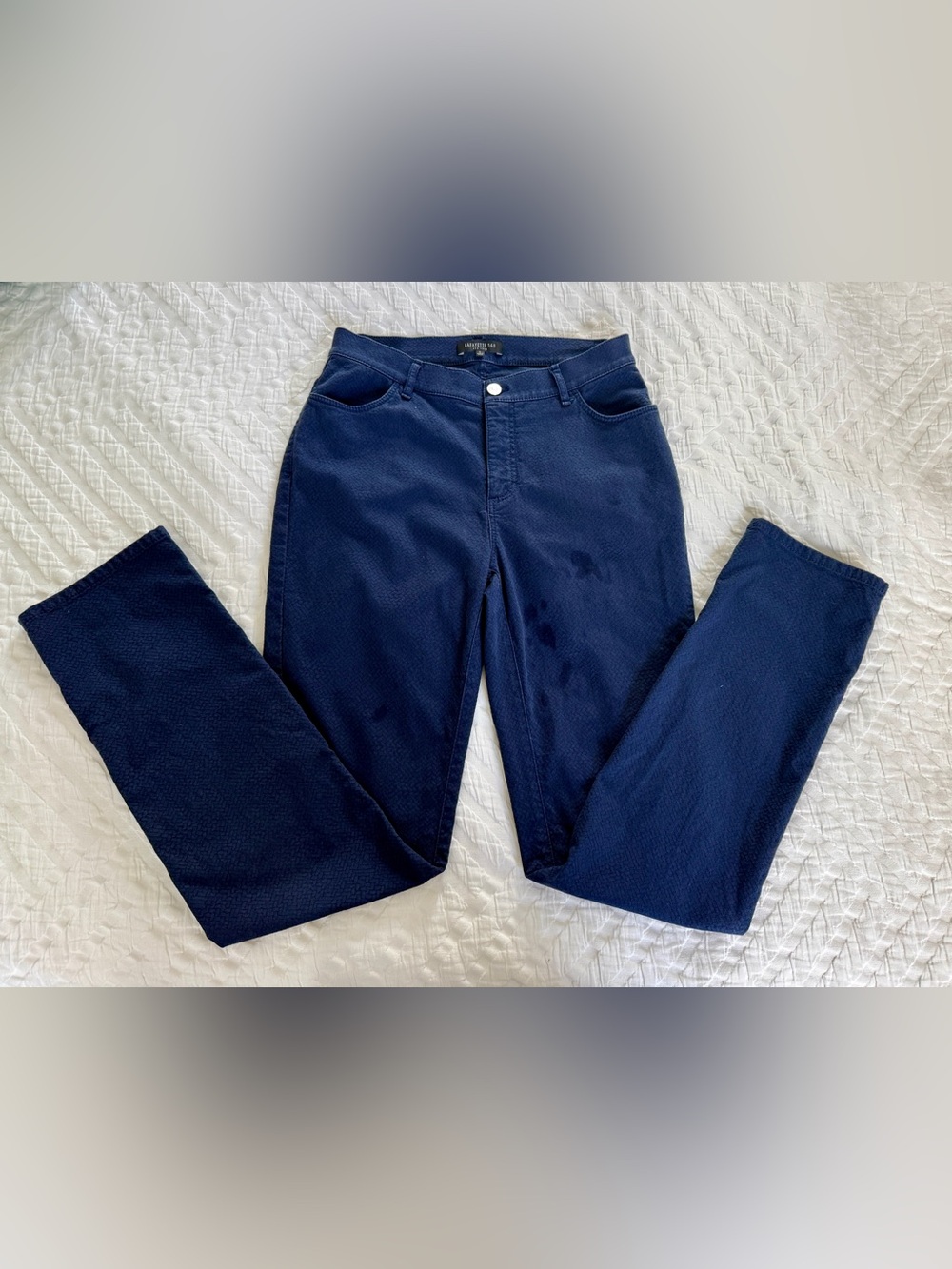 Lafayette 148 New York Navy Jacquard Straight Leg Pants 98% Cotton Size 4